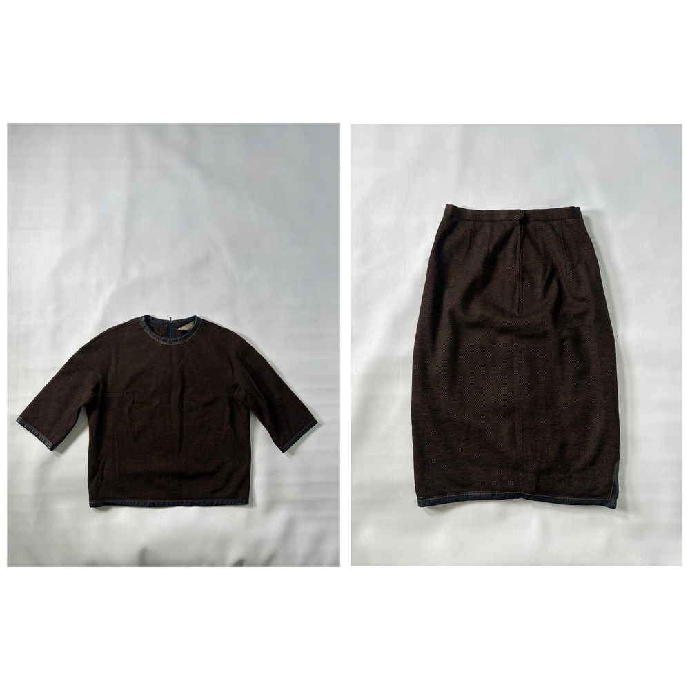Kugler Knitwear Sz 38 House Brown Textured Sweater Skirt Set Leather Trim Vienna